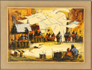 Enrique Sanchez (20th Century) Mexican, 1968 Painting "Dia de Plaza" (Market Day) Oil on Canvas