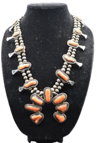 Vintage 1970s Coral and Sterling Squash Blossom Necklace