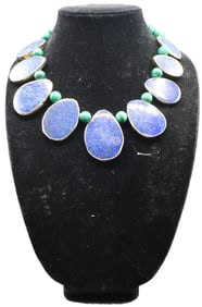 Handcrafted Sterling Silver Vermeil Necklace with Malachite Beads and Lapis Pendants