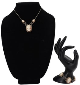 Cameo and Silver Necklace and Bracelet - 0.815 ozt.