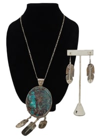 Sterling Silver and Carved Turquoise Necklace & Sterling Silver Earrings