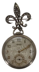 Open Face Gruen Pocket Watch As Is with Fleur-De-Lis Watch Holder Pin