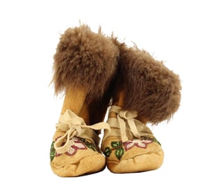 Pair of Antique Native American Beaded Leather and Fur Child's Moccasins