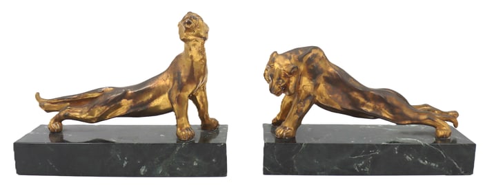 Art Deco Bronze Bookends of Panther and Tiger