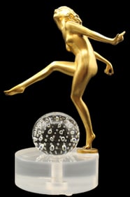 Frankart School Art Deco Bronze & Crystal Sculpture, Woman & Ball, Circa 1930