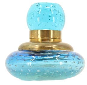 Murano Style Bubble Blue Glass and Brass Inkwell