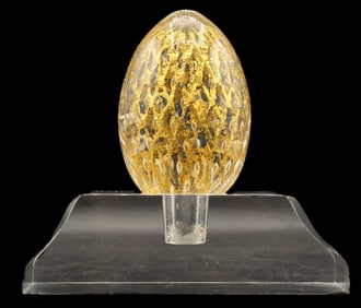 Murano Style Golden Egg-Shaped Glass Paperweight on Base