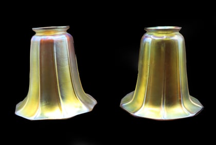 (2) Steuben Art Glass  Gold Aurene Bell Flower Light Shades