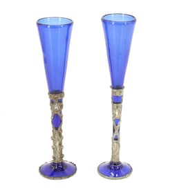(2) Cobalt Glass and Silver Champagne Flutes