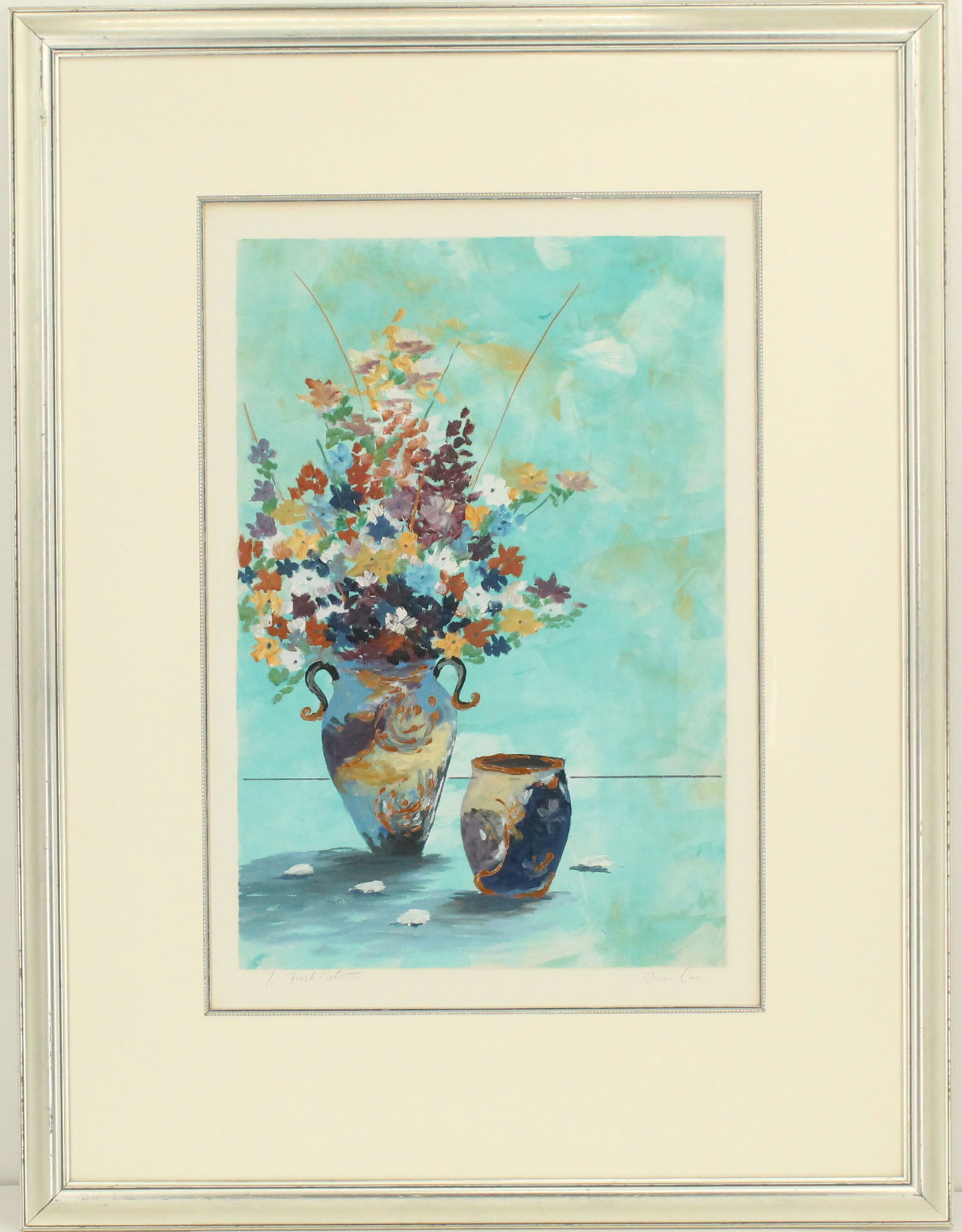 Steven Cox (Born 1958) English/Australian, Floral Still Life Monotype, "Fresh Cut II": Steven Cox (English/Australian, b. 1958) Floral Still Life Monotype, "Fresh Cut II". An impressionist monotype floral print of a bouquet of flowers against a blue field. Pencil numbered