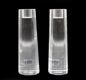 (2) Oleg Cassini (1913-2006) American, Modernist Cut Crystal Candlesticks