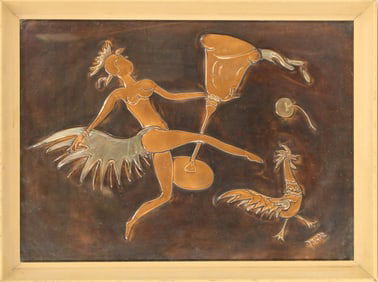 Martha Kaolin (20th Century) Art Deco Copper Relief of Dancer and Rooster