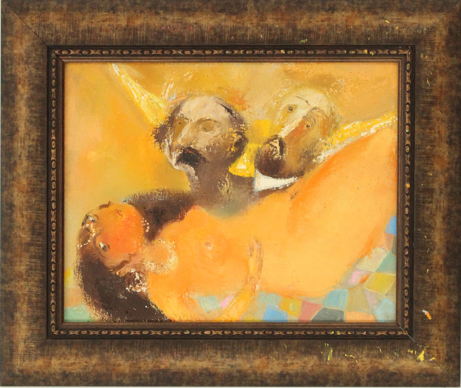 Firdovsi Atayev (20th/21st Century) Azerbaijani, Oil on Canvas: Firdovsi Atayev (20th/21st Century) Azerbaijani, Oil on Canvas. Abstract modern image depicting two bearded balding men looking down at a reclining nude. Signed on back in Cyrillic and dated 2008