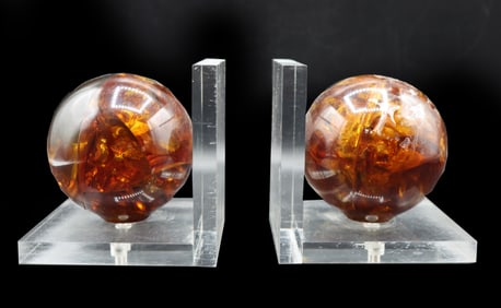 (2) Acrylic Amber Fire Globe Bookends