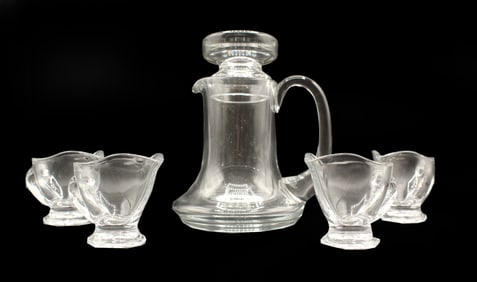 (4) Miniature Glass Gravy Boats and (1) Mid-Century Modern Glass Pitcher
