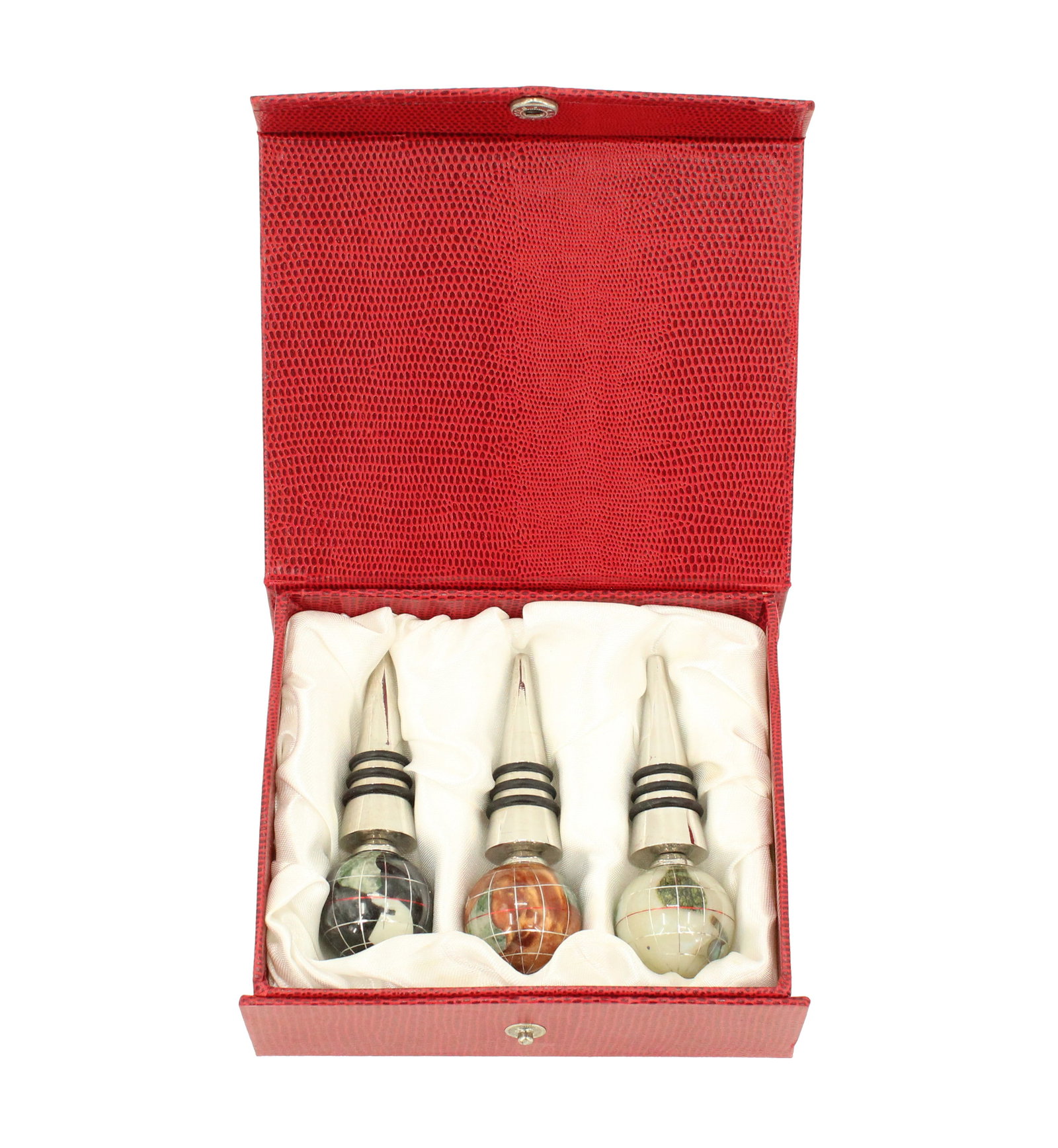 (3) Kalifano Gemstone Globe-Topped Wine Stoppers in Original Animal Skin Case: (3) Kalifano Gemstone Globe-Topped Wine Stoppers in Original Animal Skin Case. The skin is reptilian, dyed a bright red. The globes are all modeled after Earth, with the land areas made of iridescent 