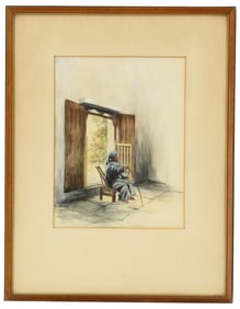 Dora Wright (20th Century) American, Original Watercolor of a Woman Sitting by an Open Door Holding