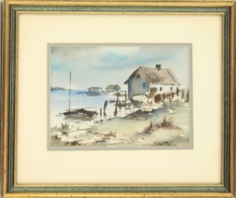 Frances Greening (20th/21st Century) American, Signed Watercolor Tranquil River Scene with Boats and