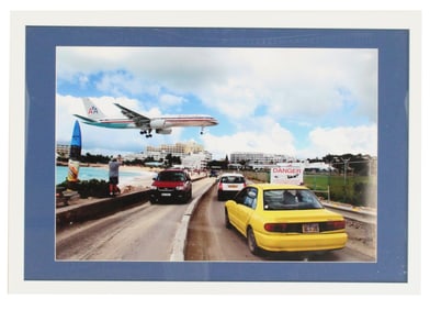 Framed Large Color Photograph of Airplane Landing at Saint Martin Airport
