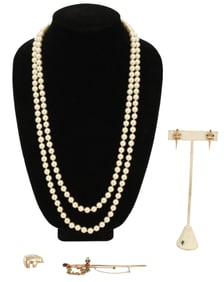 Faux Pearl Necklace, Pair of Sterling Earrings, and 2 Sterling Brooches - 0.795 ozt.