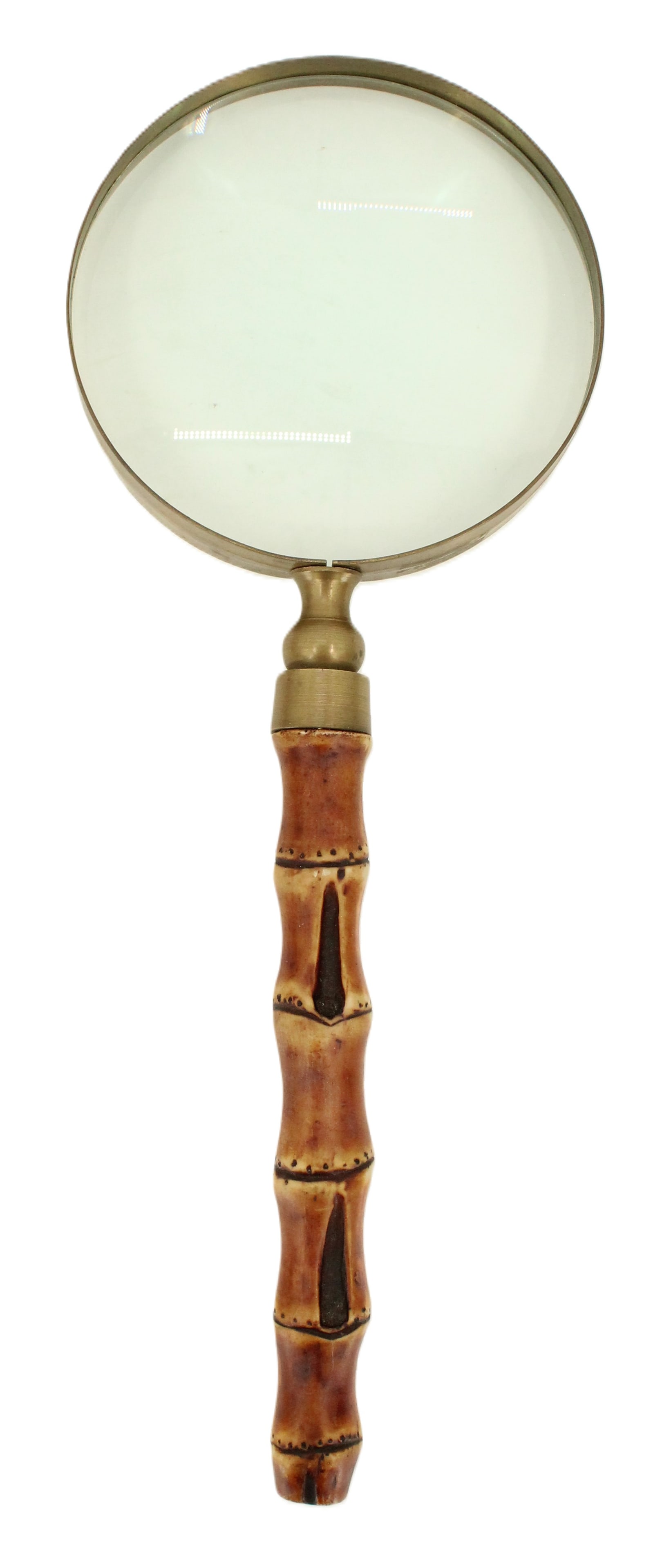 Vintage Magnifying Glass with Bamboo Style Handle: Vintage Magnifying Glass with Bamboo Style Handle. Size: 5 x 13 3/8 in. #4333