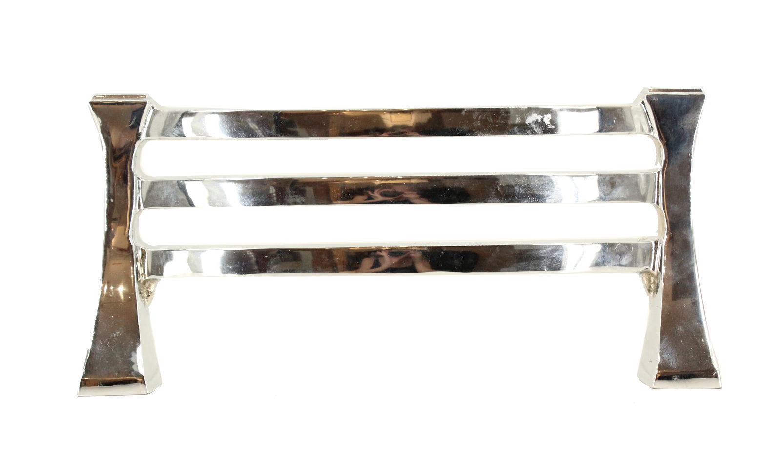 Mid Century Modern Metal Fireplace Fret: Mid Century Modern Metal Fireplace Fret. Two support struts hold three horizontal brackets, all in a sturdy, smooth shiny metal with a somewhat minimalist shape and design. Size: 16 1/2 x 8