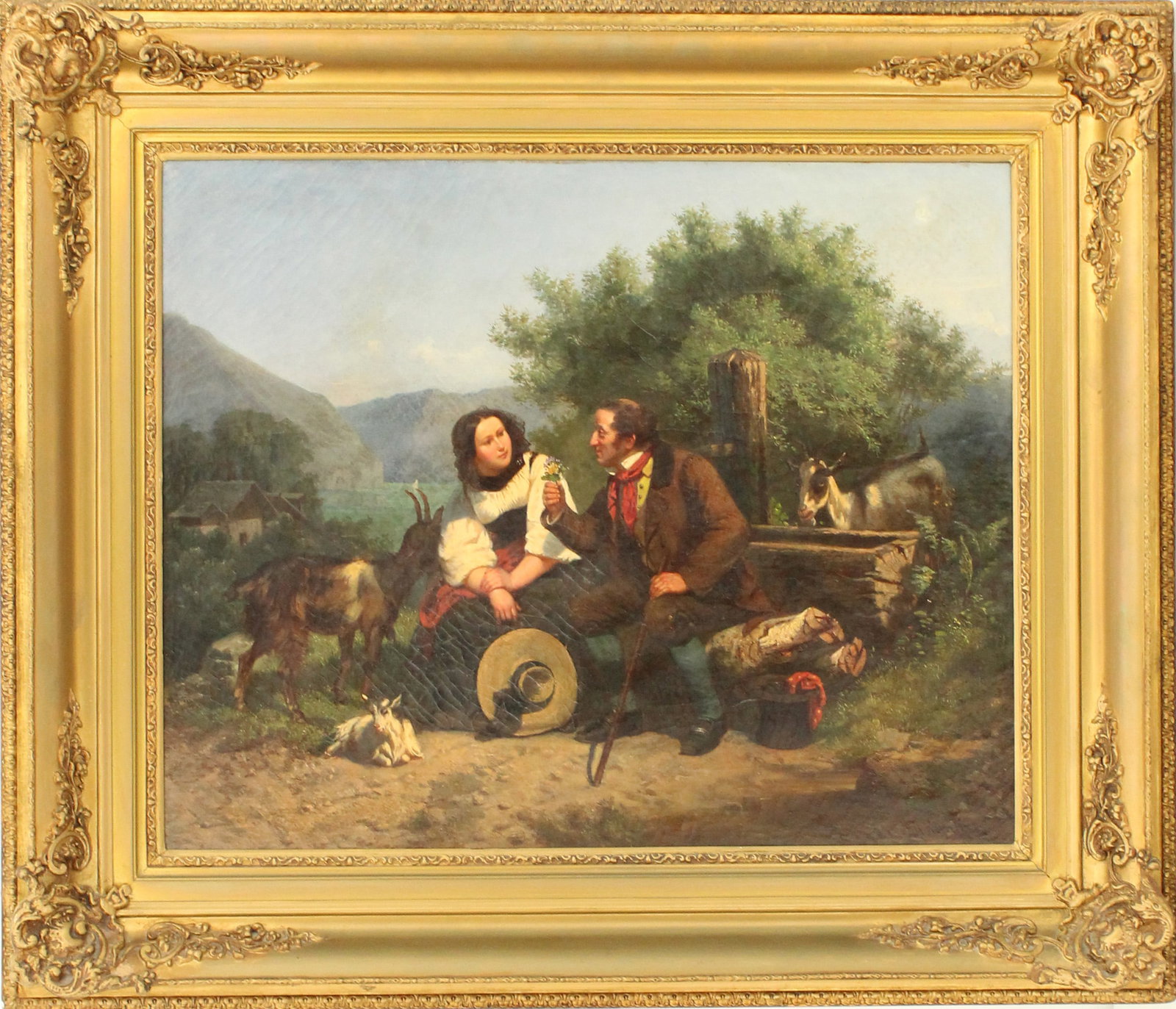 Adrian Kunkler (1829-1866) Swiss, Genre Scene Oil on Masonite: Adrian Kunkler (1829-1866) Swiss, Genre Scene Oil on Masonite. Depicts a man amorously offering a flower to a girl seated beside him who looks skeptical, surrounded by three goats to symbolize his int