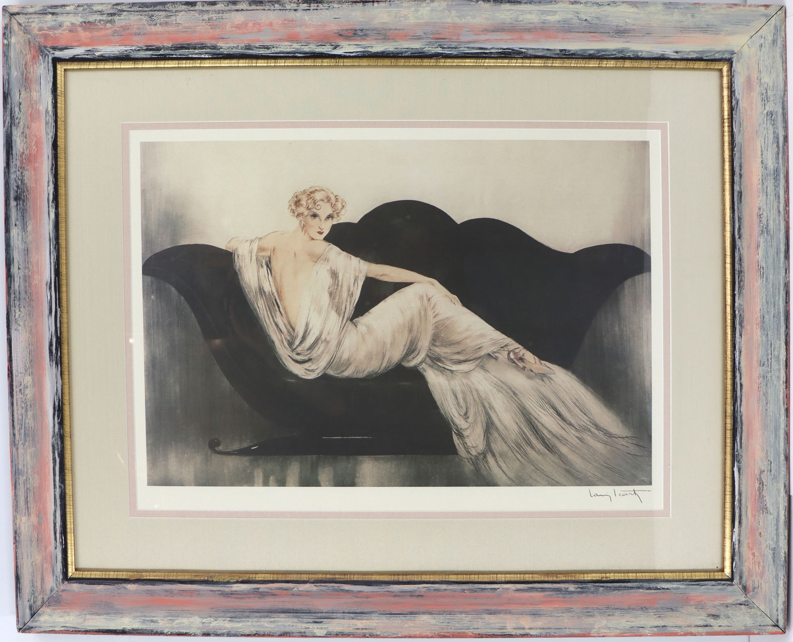 Louis Icart (1888-1950) French, Art Deco Framed Portrait Print: Louis Icart (1888-1950) French, Art Deco Framed Portrait Print. Titled "The Sofa". Shows a woman in white sitting on a black sofa, her head cocked to look at the observing ar