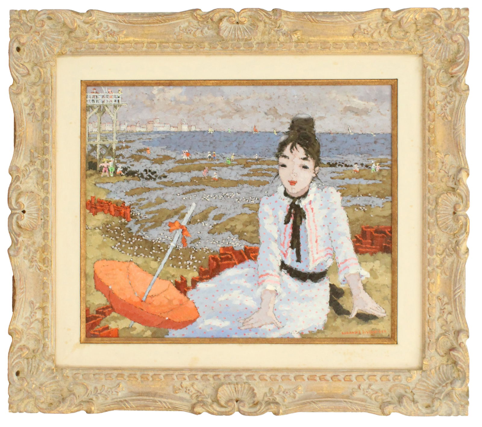 Suzanne Eisendieck (1908 - 1998) German, Oil on Canvas Impressionist Figural, "Seaside": Suzanne Eisendieck (German, 1908 - 1998) Oil on Canvas Impressionist Figural, "Seaside". Oil on canvas painting of a woman on the beach, with an umbrella at her side. Signed lower righ