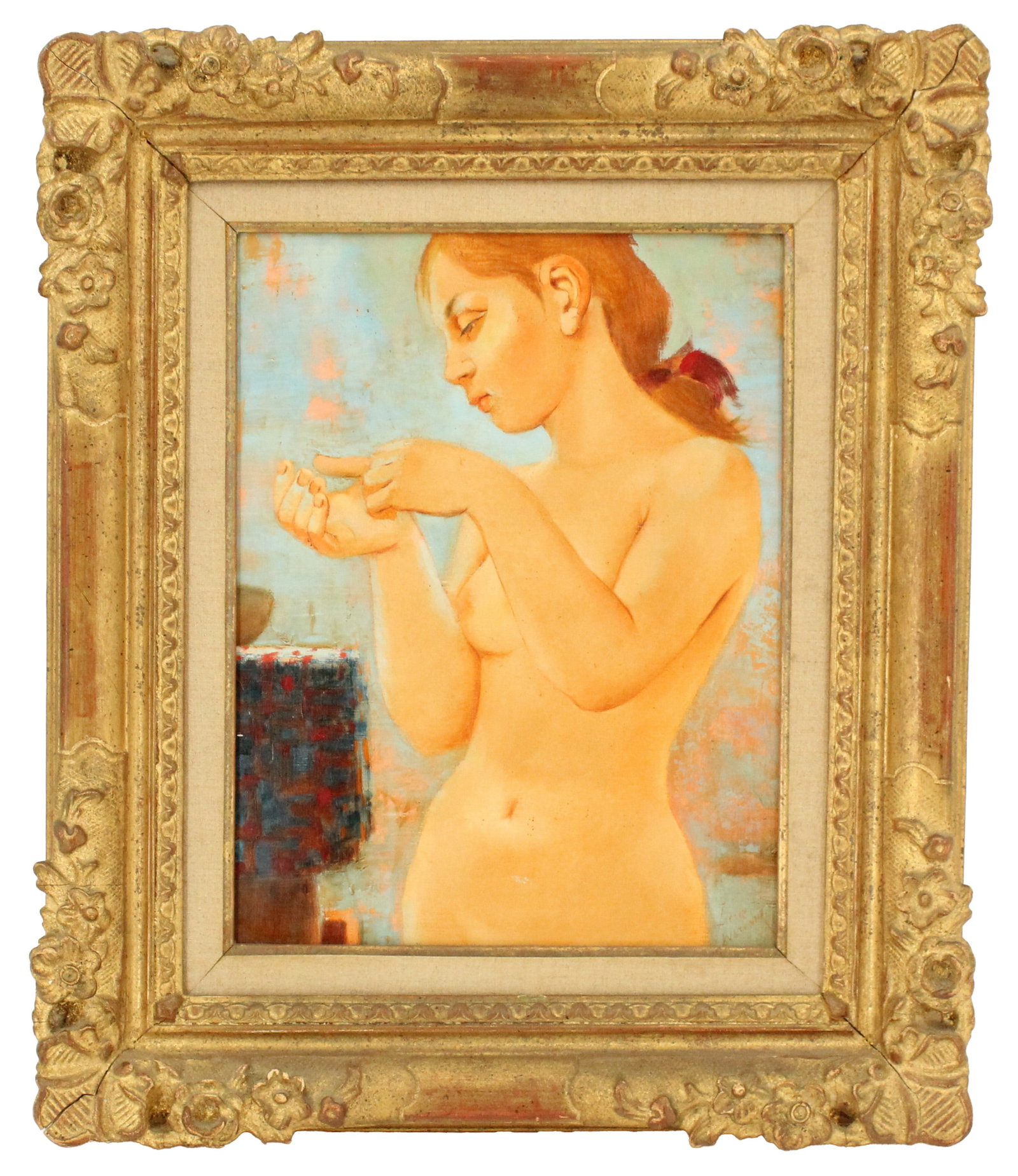 Pierre Lavarenne (1928-) French, Oil on Canvas Figural Nude: Pierre Lavarenne (1928-) French, Oil on Canvas Figural Nude. Oil on canvas painting depicting a tasteful female nude from the waist up. Signed lower right. In ornate gilt wood frame. From the Frank Oe