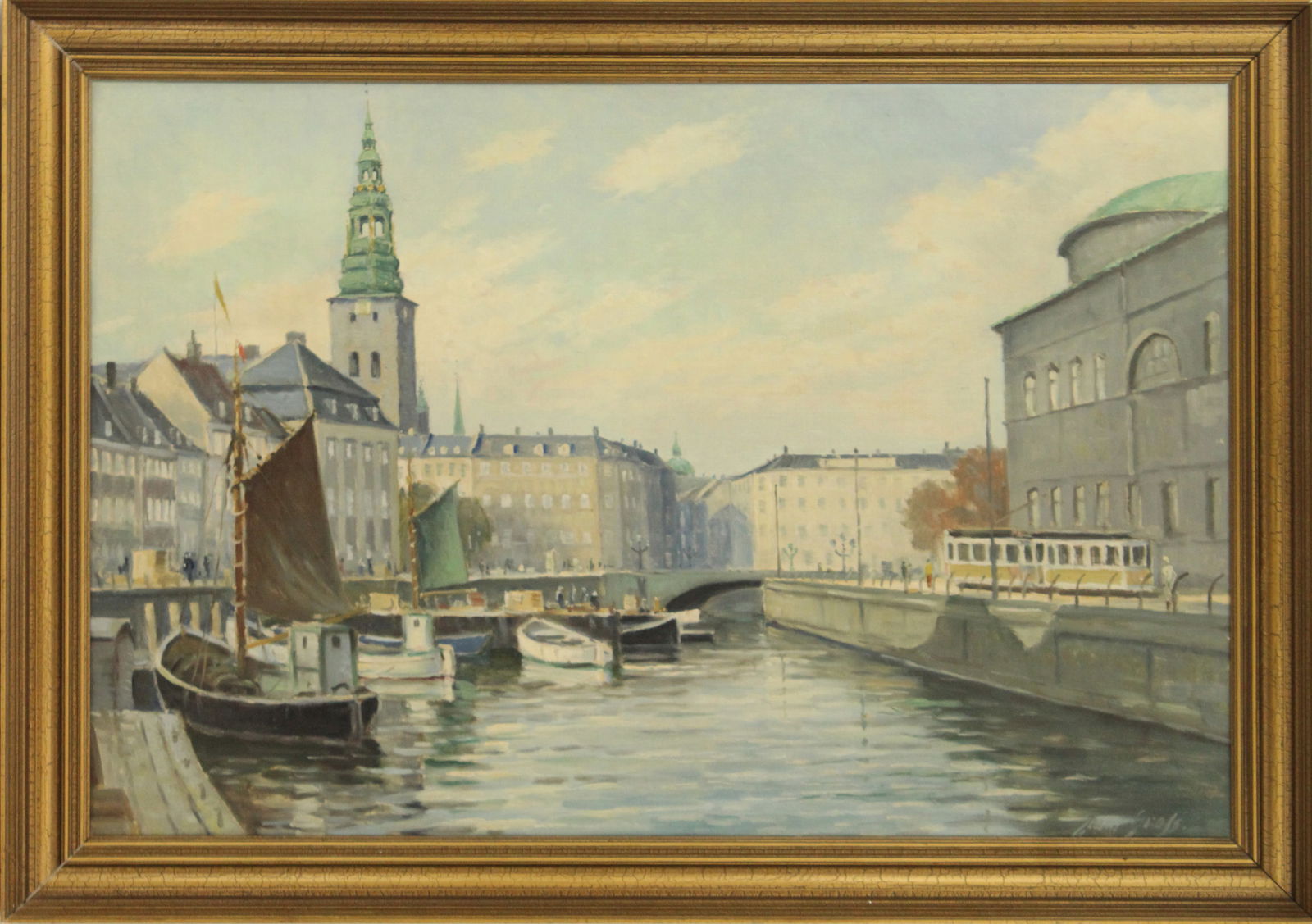 Signed Oil on Canvas Landscape, Copenhagen Harbor (1 of 13)