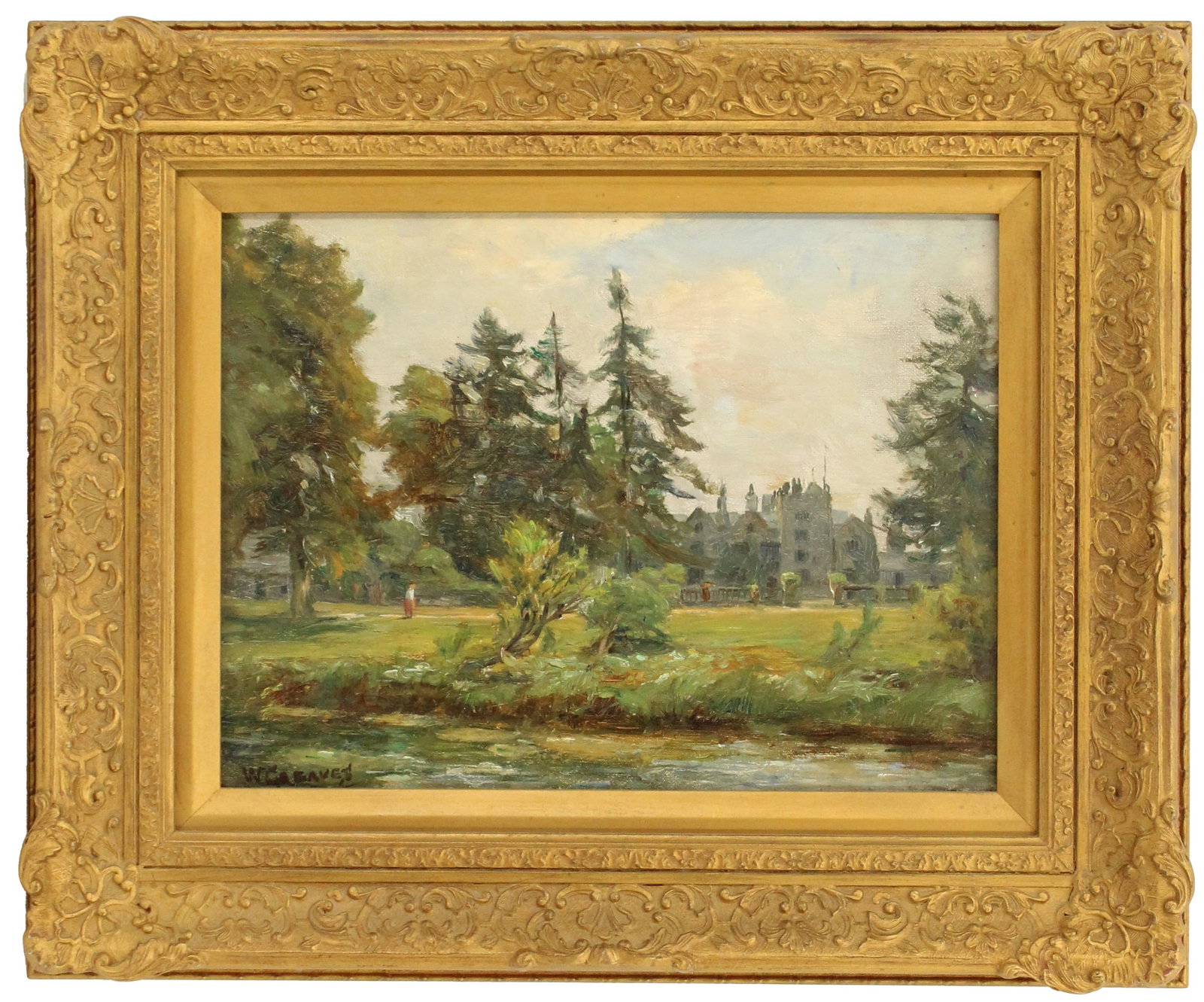 William Greaves (1852-1938) Impressionist Oil on Canvas Painting of "Levens Hall, Westmoreland": William Greaves (1852-1938) Impressionist Oil on Canvas Painting of "Levens Hall, Westmoreland". Signed lower left. Greaves studied in Sheffield of the College of Art. He exhibited at the Ro