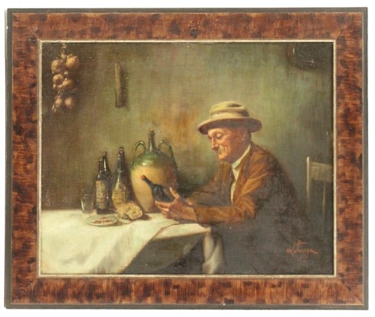 Michele Falanga (1867-1942) Italian/American, Oil on Canvas: Michele Falanga (1867-1942) Italian/American, Oil on Canvas. Depicts an older gentleman wistfully examining a bottle of wine while sitting at a table. Signed bottom right. Overall Size: 20 