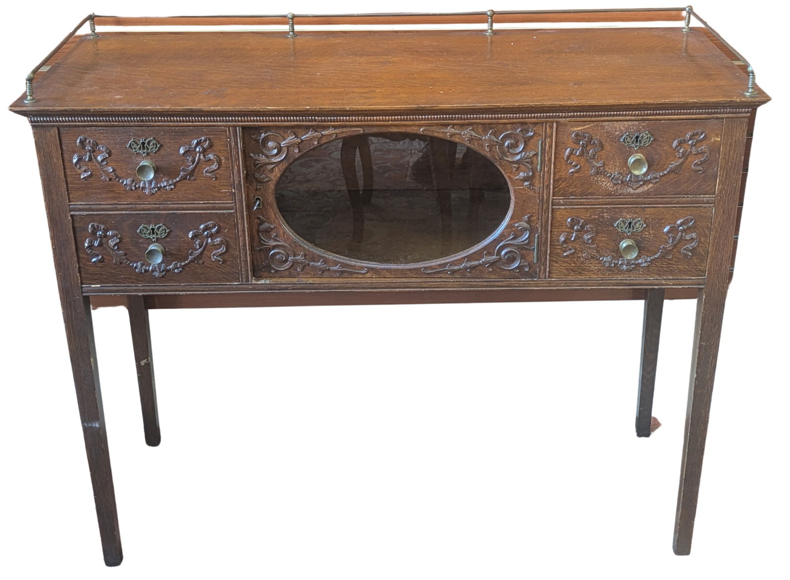 Antique Sideboard with Oval Glass Door and Brass Trim (1 of 9)