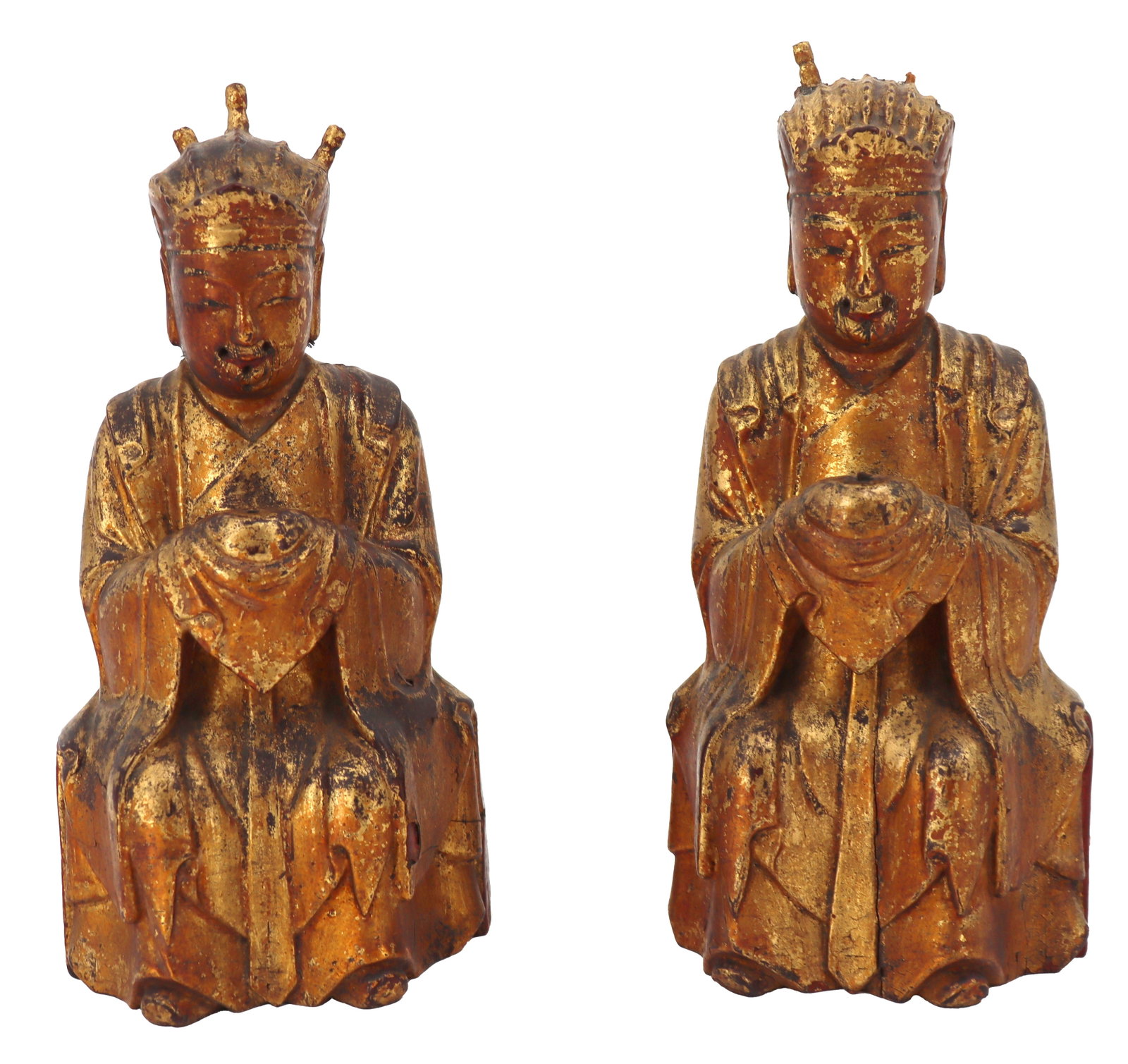 (2) Chinese Qing Dynasty Carved Gilt Wood Bodhisattva: (2) Chinese Qing Dynasty Carved Gilt Wood Bodhisattva. Pair of carved wood Bodhisattva figures stead in lotus throne. Both figures in gesture of meditation, holding bowl. The Bodhisattva in the "