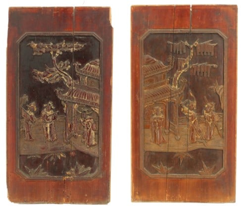Pair of 19th Century Chinese Carved, Lacquered, and Gilded Polychrome Wood Panels (1 of 20)