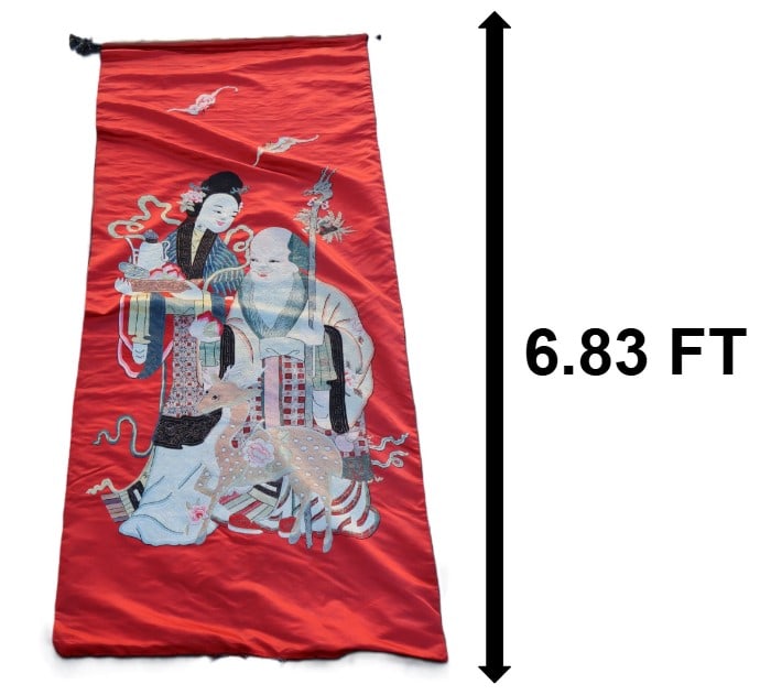 Long Chinese Silk Embroidery Hanging Tapestry: Long Chinese Silk Embroidery Hanging Tapestry. Depicts Shoulao with a deer and Xi Wangmu. Size: 82 X 39 in. #9013 . Shouxing, also known as Shoulao, is a popular god in Chinese mytho