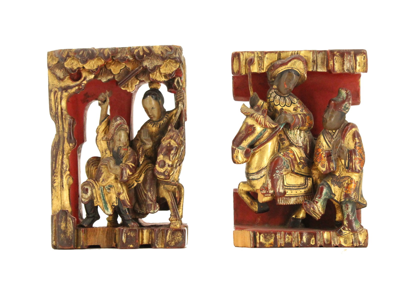 (2) Chinese Carved Wood Panel Statues: (2) Chinese Carved Wood Panel Statues. Size: 3 3/8 x 1 7/8 x 5 in. #5174