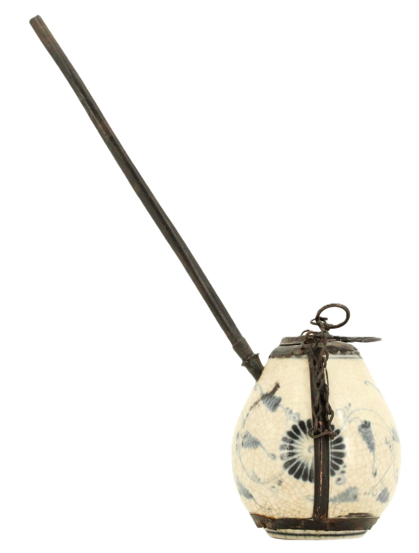 Chinese Porcelain Opium Pipe: Chinese Porcelain Opium Pipe. Blue and white vine and flower designs. Size: 6 X 3 X 8 in. #4842 . The smoking pipe appeared independently around the world in a variety of cultur