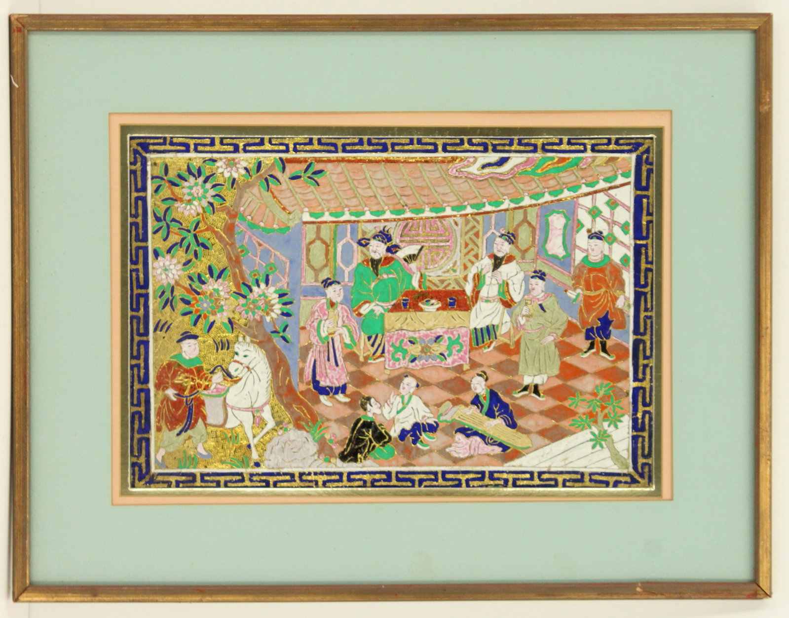 Antique Chinese Foil Artwork: Antique Chinese Foil Artwork. Chinese painting depicting a domestic family scene, with beautiful gold foil accents. Chinese gold leaf painting is a traditional art form involving the application of th