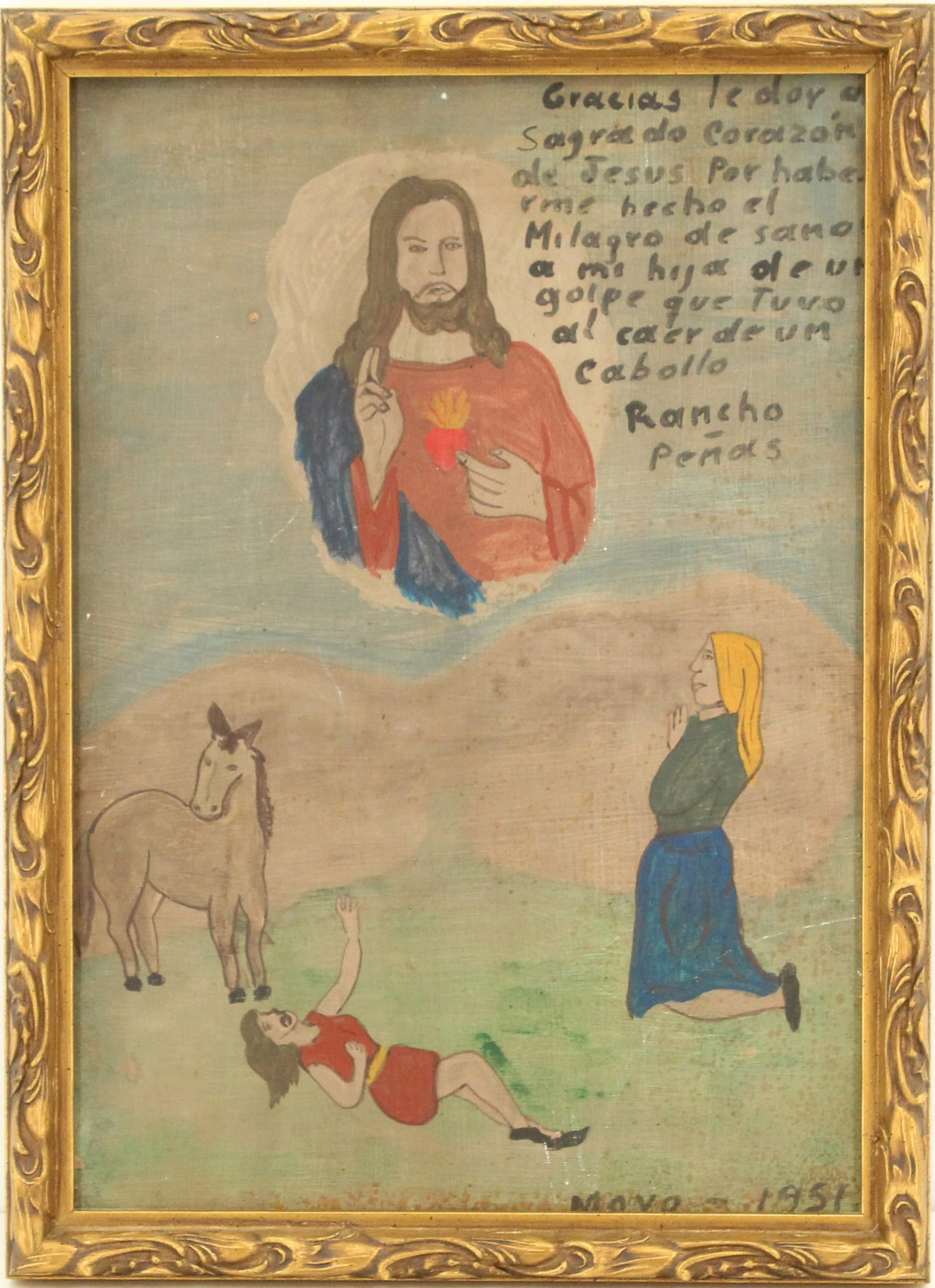Antique Mexican Polychrome Retablo Oil on Tin of Jesus in Prayer: Antique Mexican Polychrome Retablo Oil on Tin of Jesus in Prayer. An antique Mexican oil painting on tin depicting an incident where the painter's daughter fell from a horse but was watched over a