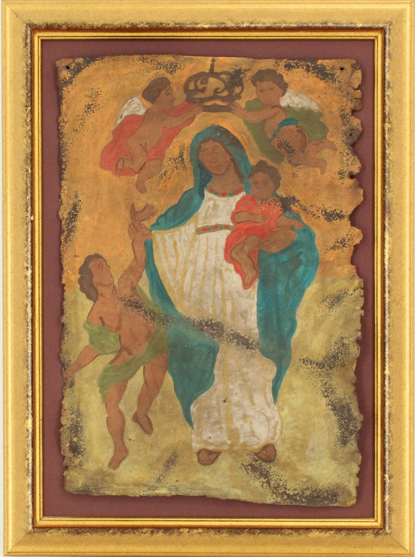 19th Century Mexican Oil on Tin Retablo Painting, "Nuestra Senora de la Luz, Our Lady of Light": 19th Century Mexican Oil on Tin Retablo Painting, "Nuestra Senora de la Luz, Our Lady of Light". A tin painting depicting the Virgin Mary, based on the statue erected in the Phillipines. The