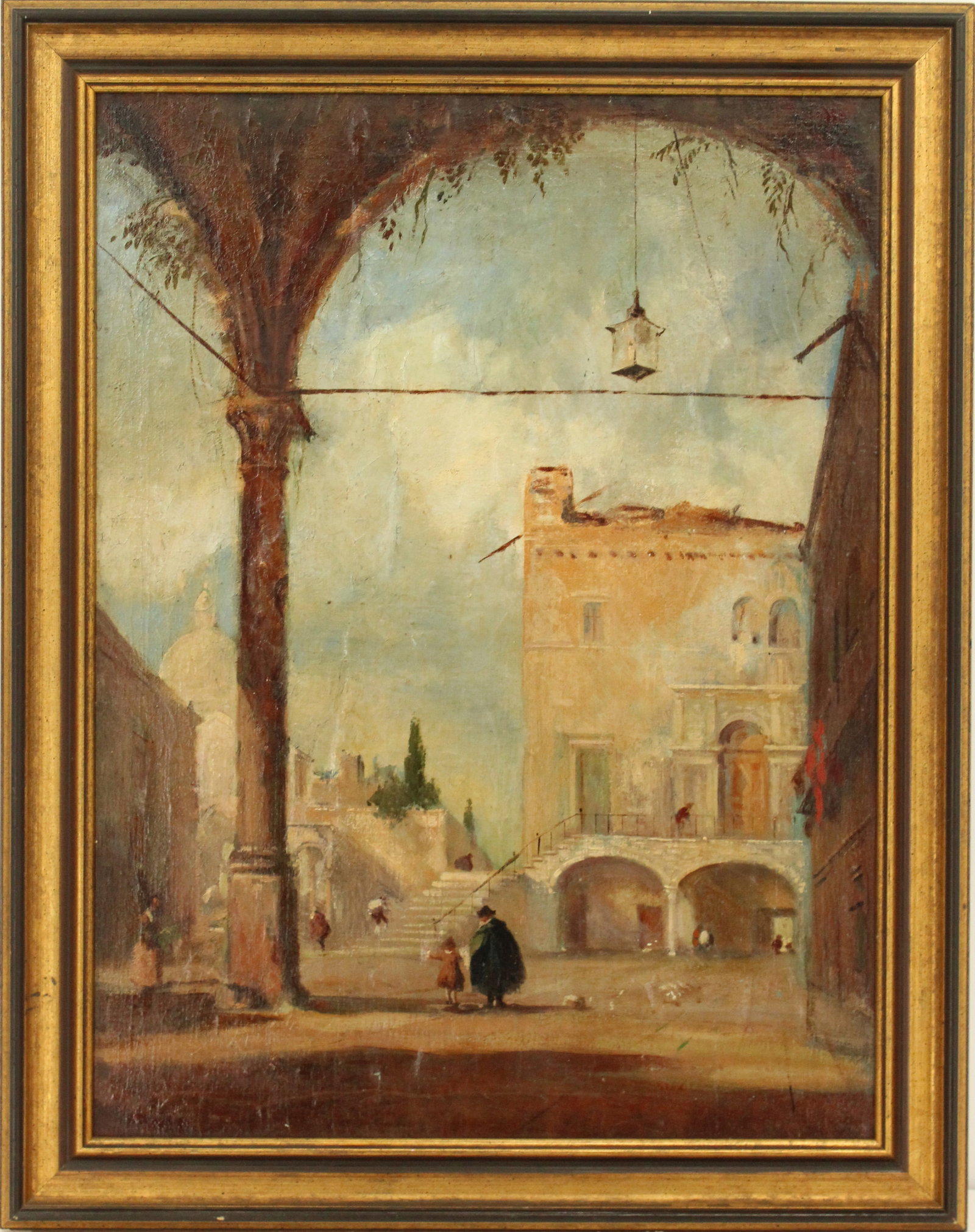 19th Century Venetian Oil on Canvas Painting after Francesca Guardi (1712-1793) "Venice Portico with: 19th Century Venetian Oil on Canvas Painting after Francesca Guardi (1712-1793) "Venice Portico with Lantern." A Capriccio view combining realistic and fantasy elements. Overall