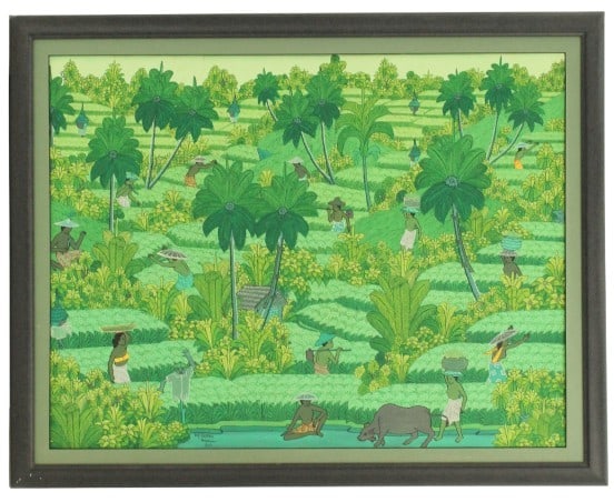 Iny Chatra (20th Century) Balinese, Penestanan Oil on Canvas: Iny Chatra (20th Century) Balinese, Penestanan Oil on Canvas. Chatra was one of the early students of Ari Smit. The image shows rolling fields of green dotted with trees, full of working people and an