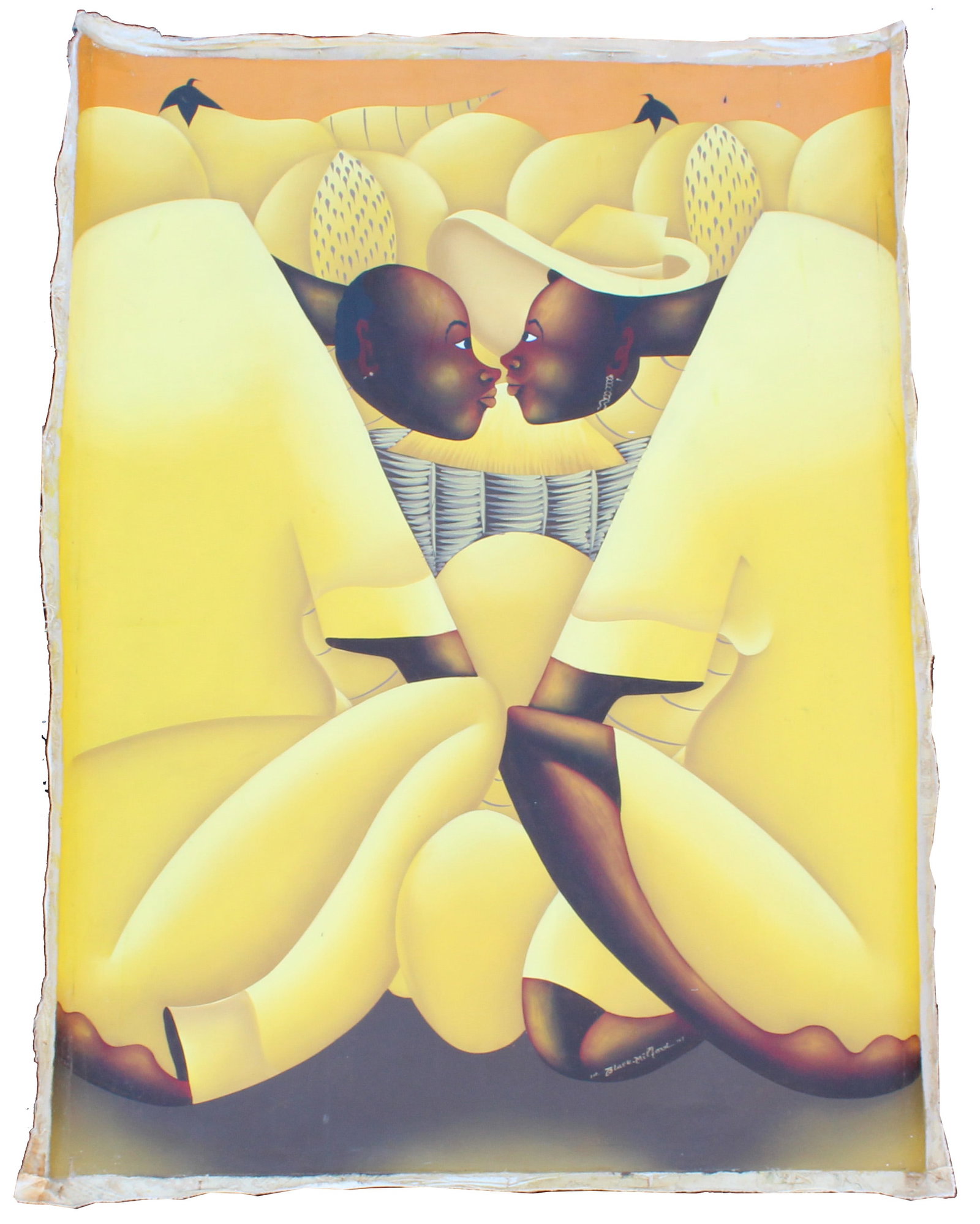 Black Milford (20th Century) Haiti, Oil on Canvas Naif Folk Art: Black Milford (Haiti, 20th Century) Oil on Canvas Naif Folk Art. Oil on canvas painting depicting two figures in yellow crouched near baskets of yellow fruits, nearly blending in with the produce. Sig