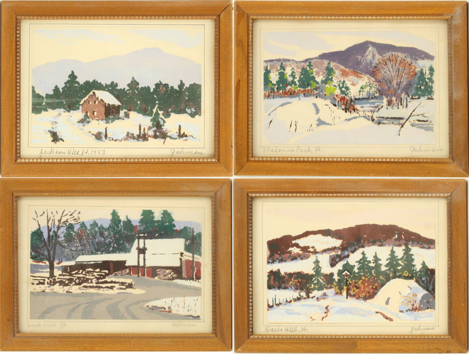 (4) Floyd Gahman (1894-1971) American, Oil on Canvas Landscapes: (4) Floyd Gahman (American, 1894-1971) Oil on Canvas Landscapes. Collection of four small winter landscapes by Floyd Gahman, titled: "Jackdaw Hill, VT, 1953", Madonna Peak, VT", "W