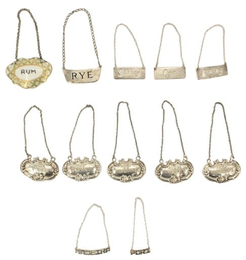 12 Silver Alcohol Bottle and Decanter Tags - 2.435 ozt. (1 of 18)