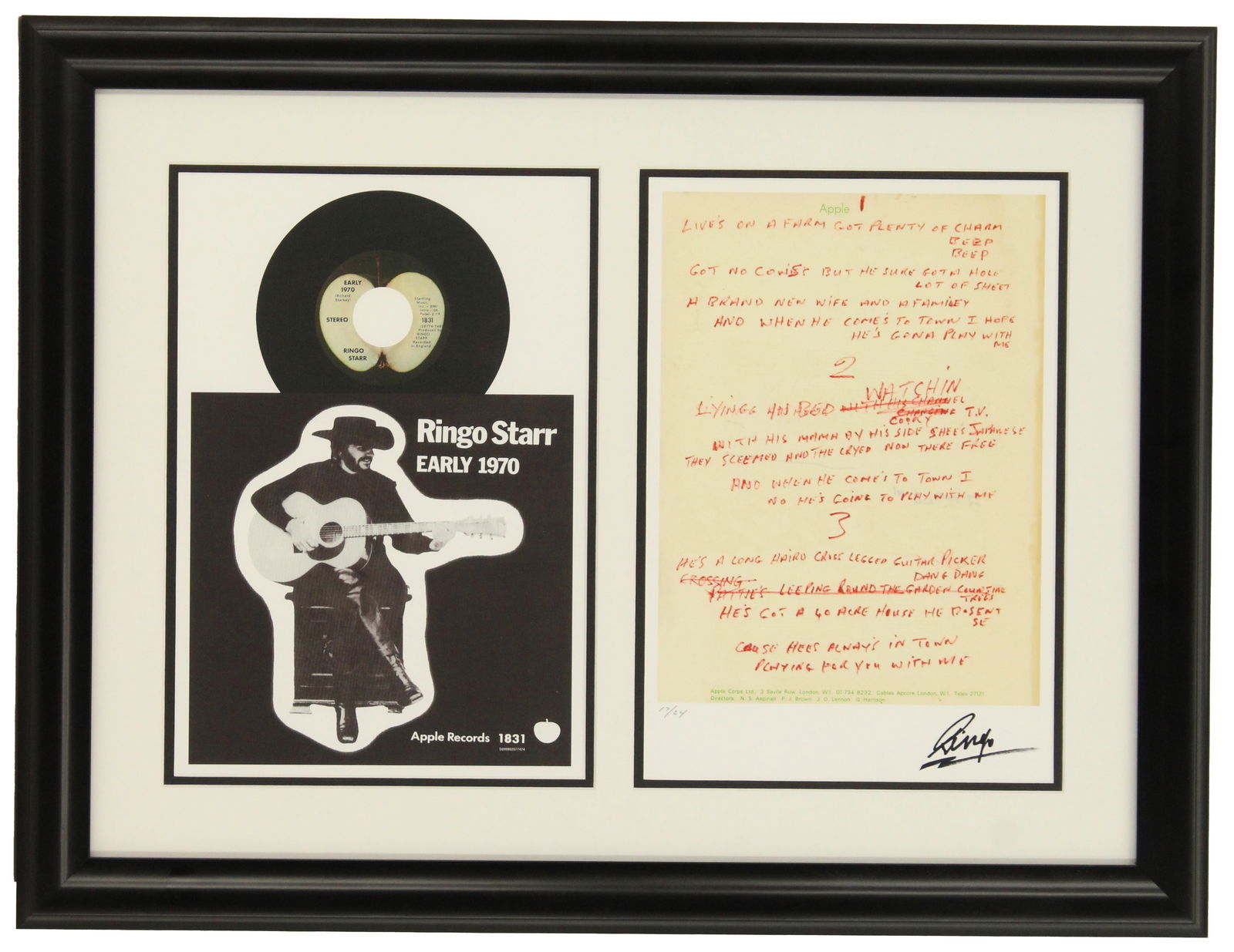 Ringo Starr (Born 1940) British, Framed Record and Sleeve with Lyrics Sheet: Ringo Starr (born 1940) British, Framed Record and Sleeve with Lyrics Sheet. “Early 1970” is a song that was released as the B-side of Starr’s April 1971 single “It Don&rs