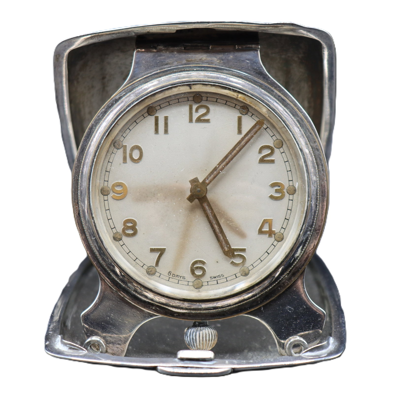 Swiss Traveling Pocket Clock: Swiss Traveling Pocket Clock. Small Swiss-made eight-day pocket clock in foldable silver case. Monogrammed MSD. Unmarked. Size: 3 1/2 x 4 x 1/2 in. #8549