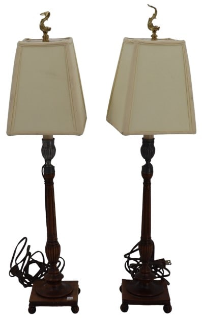 Pair of English Candlestick lamps: Pair of English Mahogany Candlesticks, Mtd. as Lamps Each with a fluted stem on a circular base, and later square plinth, electrified. Size: 6 1/4x 6 1/4 x 26 in. #7675 
